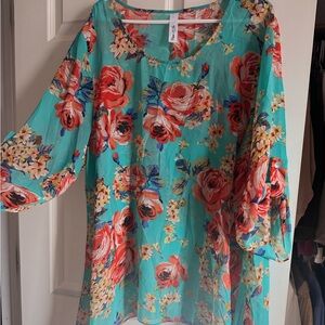 Floral Women's Top - Turquoise and Red